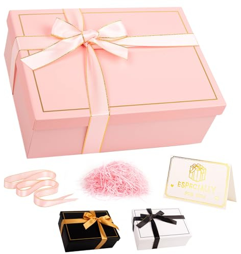 Rosa presentask med lock 25 x 18 x 9 cm medium/stora lyxiga presentaskar för presenter, tom kartong för födelsedag jul bröllop alla hjärtans dag presentlåda för flickor hennes kvinnor med band