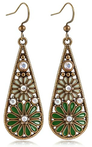GANDC Bohemian Crystal Teardrop Dangle Earrings, Copper, Tribal Geometric Design, Colorful Enamel Flower Hook, Handmade National Style for Women (Green)