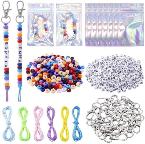 BEAMARKER 948 kit de Llavero DIY Que Incluye 300 cuentas Acrílicas Rondelle, 600 cuentas de Letras Ajustables con 24 cierres de Pinza de Langosta, Cordón de Nailon de 12 m Y 6 colores para Hacer Pulse