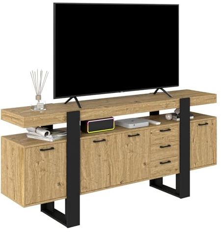 Songvas Mueble TV 180cm - Mueble TV Estilo Industrial, Muebles de Salon con 2 Cajones y 2 Puertas Armario, con Luces LED, Estructura Imitación Roble+Marco Negro, apto para Salón/Dormitorio 180x40x80cm