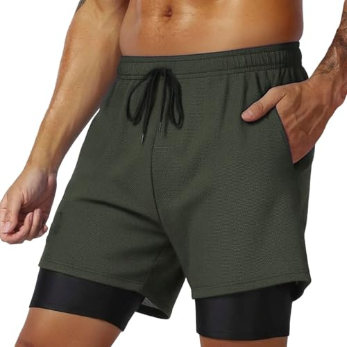 HOT1950s Men's Swim Shorts & Trunks with Compression Liner Quick Dry Swimming Trunks with Pockets Summer Solid Color Swim Shorts 4-Way Stretch Swimwear for Beach Party