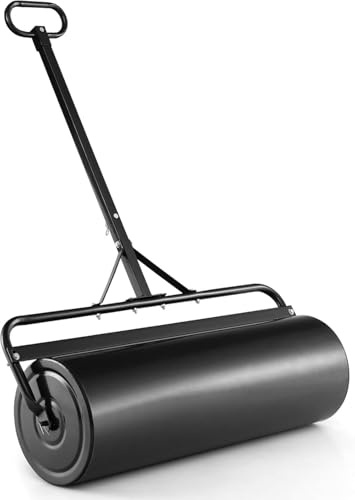 Rodillo de césped resistente – 24 rodillos de jardín de metal con relleno de agua y arena, tapón de drenaje extraíble y barra rascadora para nivelación eficiente de césped y suelo, negro, 99 x 30 x