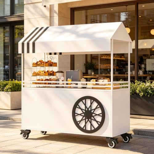 PAKMEZ Carrito de Venta Móvil con Toldo & Ruedas Giratorias 360°, Expositor Portátil para Ferias, Eventos y Negocios