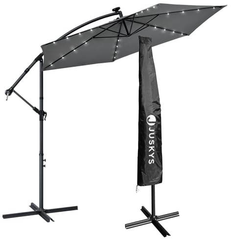 Juskys Ombrellone a braccio libero Brazil 300 cm illuminazione LED e solare e manovella - protezione UV idrorepellente pieghevole -Parasole ombrellone da giardino ombrellone da mercato - grigio