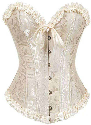 SHYMMUO Beige Corset Top for Women Sexy Overbust Bustier Floral Lace Up Strapless Bridal Renaissance Gothic Corset Top Halloween Costume M