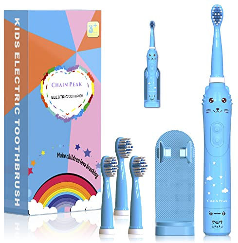 CHAIN PEAK Spazzolino Elettrico Sonico per Bambini, Ricaricabile, 3-12 Anni, 6 Modalità, 4 Testine, Blu