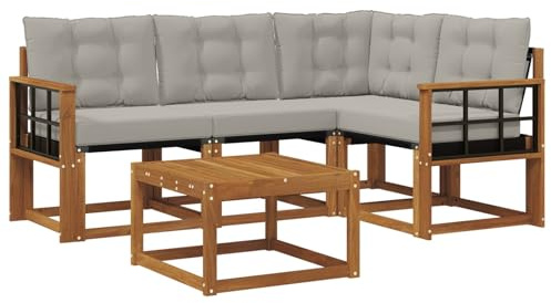 XHNIFBN Juego de muebles de jardín, sofá de exterior de madera de acacia, muebles de salón con tapicería, conjunto de asientos para terraza y jardín, 5 piezas, natural y gris claro