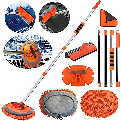157.9 cm Autowaschhandschuh mit langem Griff, 3-in-1 Chenille-Mikrofaser-Verlängerungsstange, Wohnmobil, 2 Moppkopf + 1 Stange + 1 Trockentuch + 1 Trockentuch + 1 Trockenschwamm