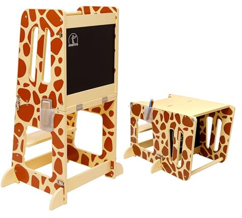 JIRAFFITY Lernturm ab 1 Jahr Klappbar – Montessori Learning Tower, Faltbarer Kinderturm mit Tafel, Umwandelbar in Tisch | Sicher und platzsparend