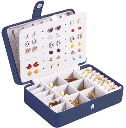 QBestry All-in-One Travel Jewelry Organizer for Women Navy | Small Jewelry Box with 68 Earring Holes | Compact Portable Jewelry Case for Earrings, Rings, Necklaces | Perfect Gifts for Mom Wife Girls