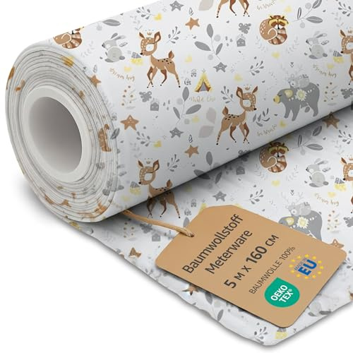 Bomullstyg Metervara Ren Bomull 5 M x 160 cm– Sytyg Dekorationstyg för Patchwork Kläder Kuddar Gardiner Foder Hudvänligt Andningsaktivt Naturligt och Mjukt Hjort