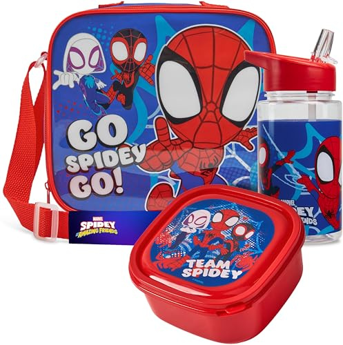 Get Trend Marvel Spidey Lunch Bag Set for Kids 3 Pcs with Snack Lunch Box BPA Free 400ml Water Bottle Insulated Bag Travel Picnic Nursery School Supplies (Spidey)