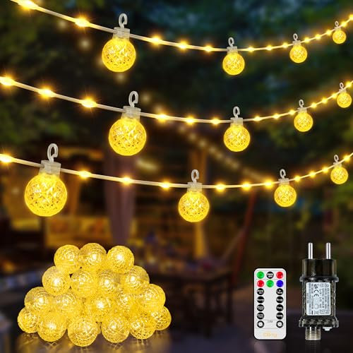 Ollny Lichterkette Außen 10M, IP67 Wasserdicht Lichterkette Strom mit Fernbedienung, 8 Modi Timer Dimmbar Warmweiß Lichterkette Outdoor für Garten Terrasse Balkon Hochzeit Party