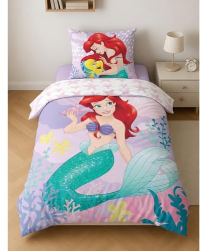 Ariel Den Lilla Sjöjungfrun Enkelsäng Påslakan 140x200 + Örngott Bomull | Vändbart sängset | Naturlig bomull andningsbar Oeko-Tex | Officiellt Disney | Flickor | Present | Maskintvättbar