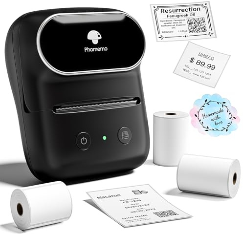 Phomemo M108 - Stampante per etichette Bluetooth, autoadesiva, termica, con 3 rotoli di etichette, per codici a barre, vendita al dettaglio, ufficio, compatibile con telefoni e PC nero