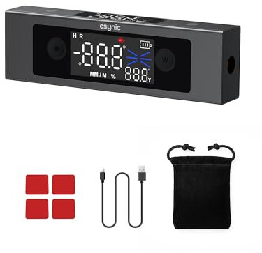 eSynic 4x90°Level Box Digitale con 2 Linee Laser, Doppio LCD Inclinometro Dual Asse X/Y, Base Magnetica, Goniometro Ricaricabile in Lega Alluminio Unità °/% / MM/M per Falegnameria Decorazione - Nero