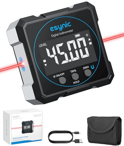 eSynic Digitaler Winkelmesser Neigungsmesser Laser Wasserwaage 4-seitigem Magnetwinkelmesser, 4 * 90° Messbereich, 0,05° Auflösung, Wiederaufladbar mit USB-C, Für Holzarbeiten und Bauprojekte