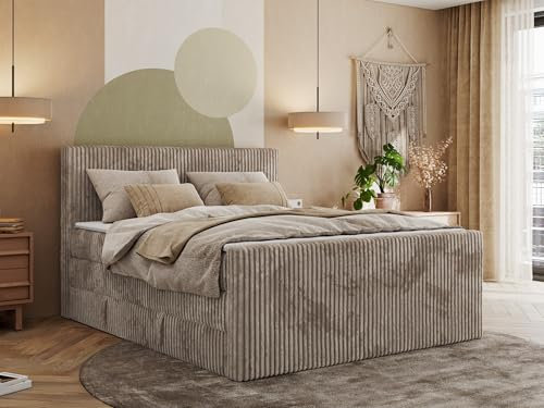 MKS MEBLE Boxspringbett Cord 160x200, Polsterbett Bett Cord, Boxspringbett mit Matratze H4,Bett mit Bettkasten and Kopfteil, Doppelbett mit Stauraum - Tiliano King Duo - Hellbraun Cord - H4