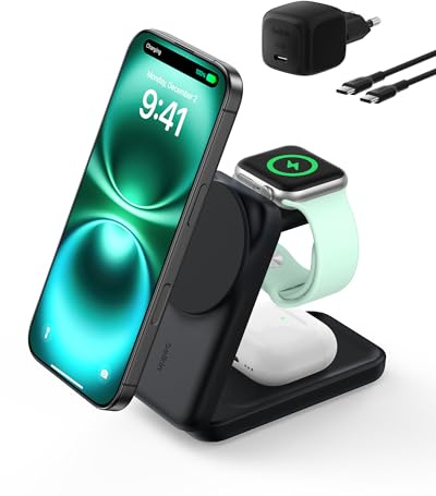 Belkin UltraCharge 3 in 1 Ladestation mit Qi2.2, 25W, Ladegerät MagSafe Kompatibel, Induktive Ladestation für iPhone 17, iPhone Air, Apple Watch, AirPods, Pixelsnap, mit 45-W-Adapter - Schwarz