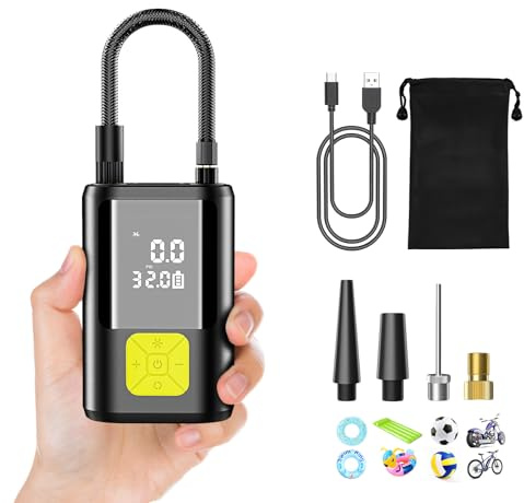 6000Mah Compresor Aire Portatil, 150PSI Inflador Ruedas Coche Mini Bomba de Aire Bicicleta Electrica con Pantalla LCD Digital y Linterna LED con 4 Boquillas para Coches, Motos, (Negro brillante)