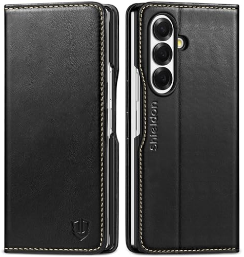 SHIELDON Case Wallet for Galaxy Z Fold7 8.0-inch 2025, Genuine Leather, Flip Magnetic Closure, RFID Blocking Credit Card Holder, Kickstand, Shockproof Cover for Galaxy Z Fold 7 - Retro Black