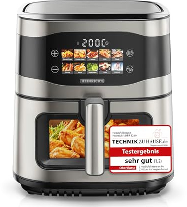 HEINRICHS Heißluftfritteuse, 9 Liter XXL Air Fryer, 10in1 Heißluftfritteuse, LED-Display mit Sensor-Touch Bedienung, fettfreie Zubereitung, inkl. Timer, platzsparend, spülmaschinenfester Korb, 1800W