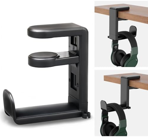 PANYI Headset hållare med halkfri hörlursklämma 360 graders rotation och justerbar hörlurshållare lämplig för datorbord och skåp headset montering (svart)