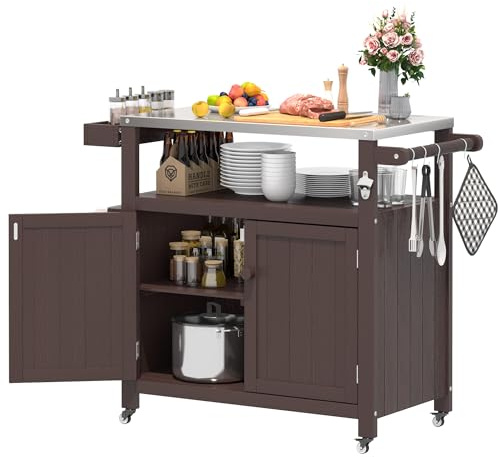 Isola Cucina Esterna HIPS Impermeabile con Top in Acciaio Inossidabile & Armadio di Ricovero, Tavolo di Preparazione Mobile con Ruote per Preparazione Cibo BBQ, Carrello per Grill Esterno per Feste
