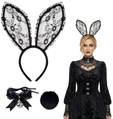Diadema de orejas de conejo de encaje negro con collar y cola, conjunto completo de disfraz, ideal para Halloween, Carnaval, Mascarada y Cosplay.