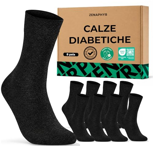 ZENAPHYR - Set di 8 Paia Calzini per diabetici Senza Elastico Donna Uomo, Calze senza cuciture in cotone, Nero 43-46