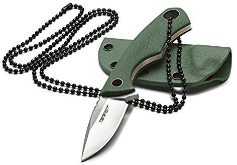 TONIFE Cuchillo de cuello fijo, hoja de 43 mm, total de 119 mm, con vaina de Kydex y cadena de bolas, color verde militar