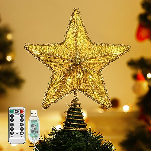 Lewondr Etoile Sapin de Noel, Etoile d'arbre de Noel avec Base en Spirale, Lampe Décorative LED pour Noël, Decoration Noel Intérieur & Extérieur pour Maison Salon Chambre Jardin, Or