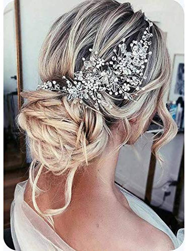Unicra Braut Hochzeit Perle Haar Reben Kristall Kopfbedeckungen Hochzeit Haar Zubehör für Frauen und Mädchen (Silber)