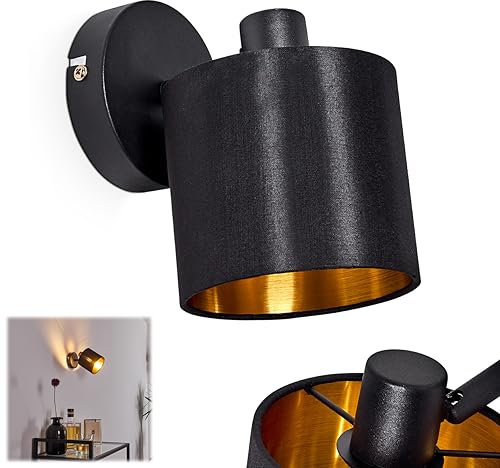 Wandleuchte Alsen, Wandlampe aus Metall/Stoff in Schwarz/Gold, 1-flammig, 1 x E14-Fassung, verstellbarer Wandspot mit Stoff-Schirm im Retro/Vintage-Desgin, ohne Leuchtmittel