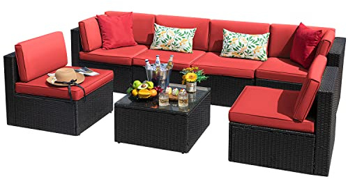 Devoko 7 Pieces Outdoor Sectional Sofa Patio Furniture Sets Manual Weaving Wicker Rattan Patio Conversation Sets with Cushion and Glass Table (Red)