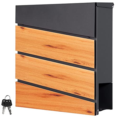 ML-Design Boîte aux Lettres Murale 37x37x11 cm, Anthracite/Façade Noir avec Aspect Bois, Acier, Boîte Postale avec Compartiment à Journaux/Courrier/Correspondance, Moderne, Verrouillable avec 2 Clés