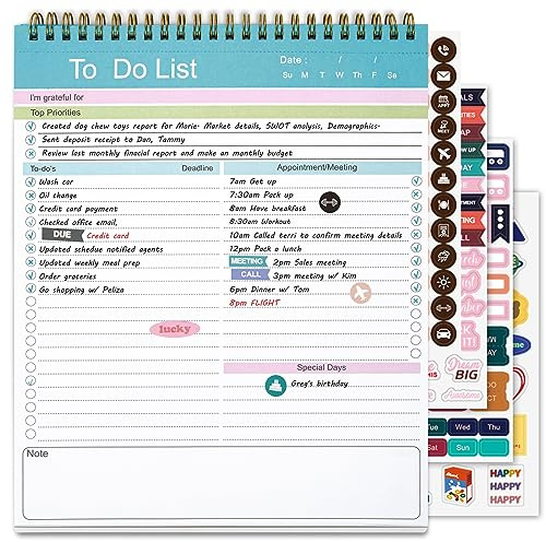 Blocco note per lista delle cose da fare, agenda giornaliera senza data, rilegatura a spirale, 52 fogli 21,6 x 26,7 cm, blocco per pianificazione delle attività con lista di controllo, per lavoro,