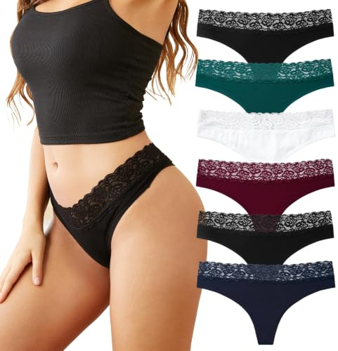 INNERSY Tanga Dentelle pour Femme String Sexy Chic Culotte Coton Lot de 6 | Thong T-Back Extensible, Sous-vêtements Confortable, G-String Ficelle Respirant, Sans Étiquette, Sport, Rencontres, Quotidien