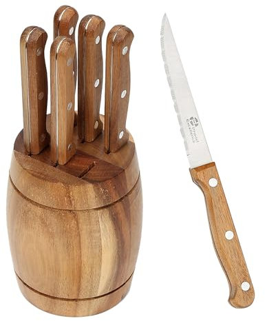 Pradel Excellence - Bloc Couteaux 6 Pièces Rustika - Bloc en Acacia en Forme de Tonneau - 6 Couteaux à Steak, Lames en Acier Inoxydable 2CR14 - Ustensiles de Cuisine Pleine Soie - 9,5 x 9,5 x 13 cm