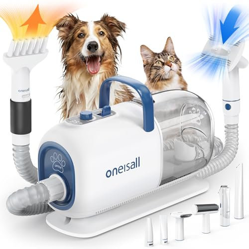 oneisall Hundeschermaschine mit Staubsauger Trockner, 2.5L Staubbehälter, 7 Stufen der Blastemperatur, Leise Schermaschine Hund Katze, Saugkraft 15000Pa, Profi Haustierpflegeset mit 8 Pflegewerkzeugen