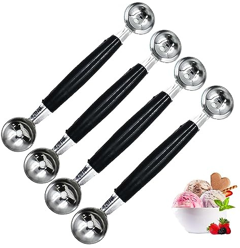 4 Pack Double Ended Headed Fruit Icecream Ball Spoon,Stainless Steel Melon Baller,Smooth Round Melon Balls Melon Scoop for Watermelon/Ice Cream/Fruits/Sorbet/Meatball