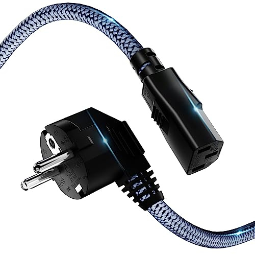 Nätkabel 3-polig, RIKSOIN kallenhetskabel 8 m nylonfläta universell strömkabel (CEE 7/7 till IEC60320 C13) med VDE för bildskärmar, PC, skrivare, PS3/PS4 PRO, skanner, TV (8M, grå)