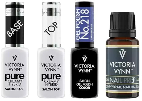 Nagelpflege-Set: Hybrid Top & Base, Sapphire Blue Gel Polish, Salon Nail Prep - Pure Creamy Hybrid Top 8ml, Gel Polish 218 Sapphire Blue 8ml, Pure Creamy Hybrid Base 8ml, Salon Nail Prep 15ml