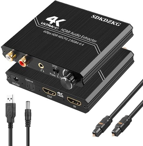 SDKDZKG HDMI 2.0 Estrattore Audio, HDMI + Toslink Ottico SPDIF +3.5mm Stereo+RCA L/R Uscita Audio Convertitore con Controllo Volume Supporto 4k@60hz HDCP 2.2 HDR 3D YUV 4:4:4, per PS5/4 Blu-ray