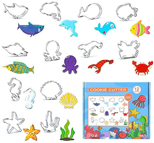 RoseFlower Emporte Piece Patisserie, 12 Pièces Formes de la Vie Marine Patisserie Biscuit Moule, Acier Inoxydable Moule à Biscuits, pour Biscuits, Fondant, Décoration de Gâteaux (Vie Marine)