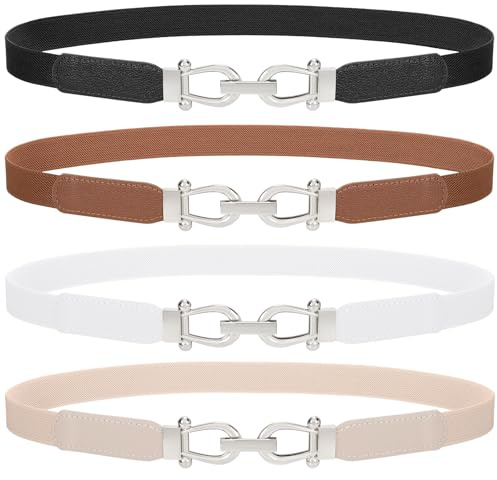 TRIWORKS 4 Pack Skinny Elastic Belts for Women Silver Buckle Thin Stretchy Waist Belts for Dresses