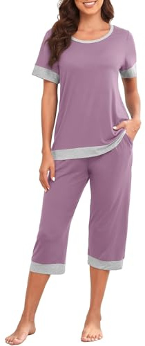 PrinStory Pigiama Per Donne A Maniche Corte Set Pigiama Da Donna Leggero Top E Pantaloni Capri Intimo Pjs Set Con Tasche, L