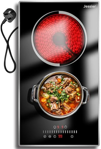 Jessier Electric Ceramic Hob 2 Ring, Portable Plug in Hob 2800W, 30cm Cooktop Built-in & Countertop Stove Top, Slide Control & Touch Control, Safety Lock, 220-240V