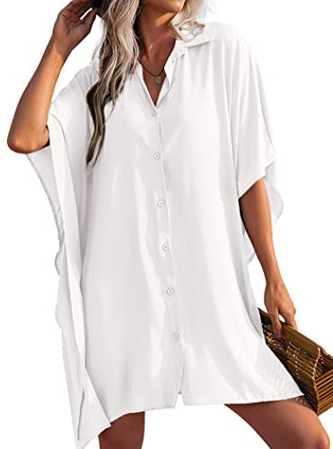 AI'MAGE Damen Strandkleid Bikini Cover Up Dolman Ärmel Strandponcho Sommer V-Ausschnitt Bademode Strand Vertuschen Shirt Weiß M