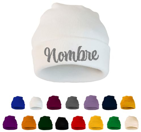 Gorro de Invierno Personalizado en Bordado.Beanie Hombre,Mujer y niños. Gorro de Punto,Lana, cumpleaños,Aniversario,San Valentin. (FR/ES, Letras, Talla única, Adulto, Blanco)